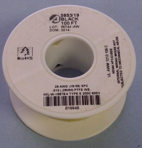 Alpha 26AWG Teflon Black Hookup Wire 5853/19-100BLK (100 Feet) 19/38 200C