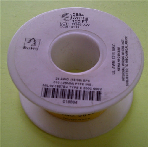 Alpha 24AWG Teflon White Hookup Wire (100 Feet) 5854-100WHT (-60C - 200C)