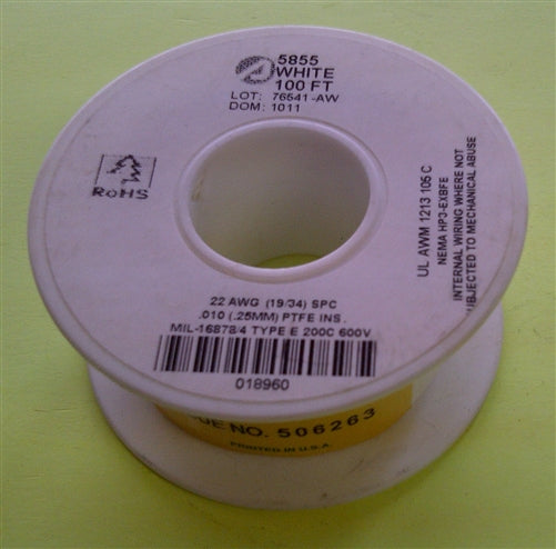 Alpha 22AWG Teflon White Hookup Wire (100 Feet) 5855-100WHT (-60C - 200C)