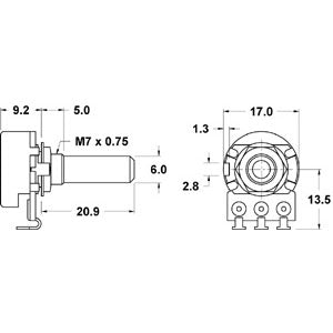 Mode 62-234-0 Log (Audio) Potentiometer, 10k Ohm, .06W @ 150VAC