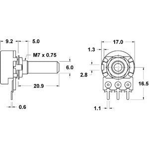 Mode 62-284-0 Linear PC Mount Potentiometer, 10k Ohm, .06W @ 150VAC