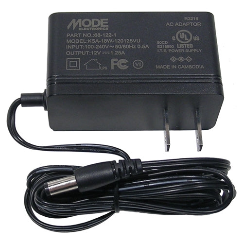 Mode 68-122-1 Power Supply 12VDC 1.25A (CTR-), Wall Mount Adapter, 90-240VAC 50/60Hz Input, Regulated, 2.1mm Plug