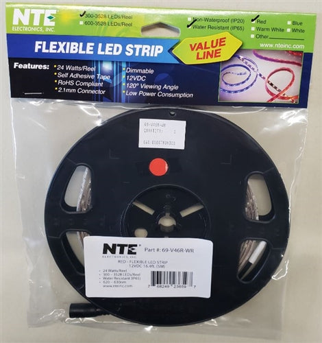 NTE 16.4ft (5M) 12V 24W Red LED Strip 69-V46R-WR Pre-Wired 2.1mm Plug End, Water Resistant (Center +)