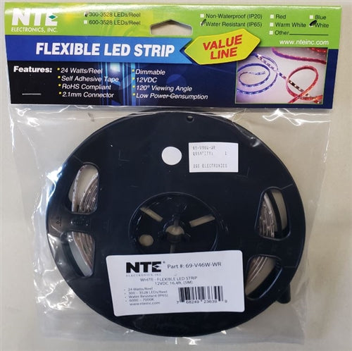 NTE 16.4ft (5M) 12V 24W White LED Strip 69-V46W-WR Pre-Wired 2.1mm Plug End, Water Resistant (Center +)