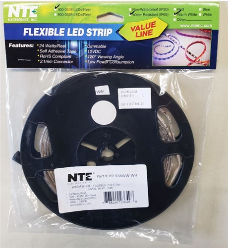 NTE 16.4ft (5M) 12V 24W Warm White LED Strip 69-V46WW-WR Pre-Wired 2.1mm Plug End, Water Resistant (Center +)