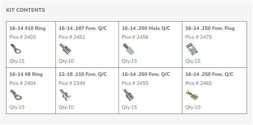 PICO 6NI-E Non-Insulated Terminal Assortment Kit, an Assortment of Butted Seam Rings, Flags, and Quick Connectors