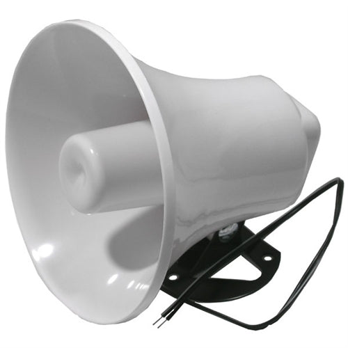 Mode 70-707-1 Outdoor Horn Speaker, 8 Ohm @ 10W, White ABS Plastic, 5" Opening, 6" Wire Leads
