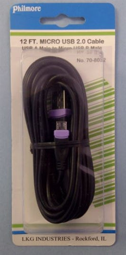 Philmore 70-8032 USB a Male to Micro USB B Male, 12' Cable