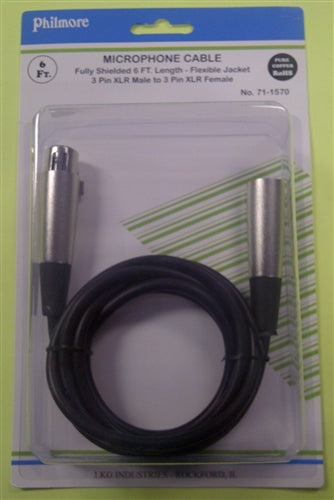 Philmore 71-1570 Balanced 3 Pin XLR Microphone Cable, Male to Female, 6' Length