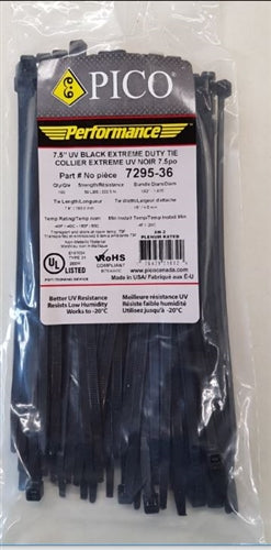 PICO 7295-36 All Weather UV Resistant 7.5" Performance Cable Ties, 50LB Tensile Strength, 100/Pack