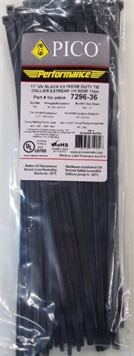 PICO 7296-36 All Weather UV Resistant 11" Performance Cable Ties, 50LB Tensile Strength, 100/Pack