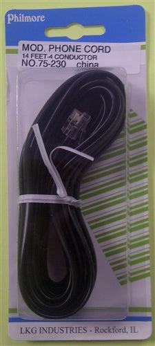 Philmore 75-230 Black 4 Conductor Modular Telephone Cable, Plug to Plug, 14' Length