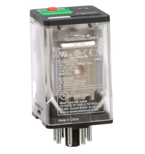 Schneider 750XBXRM4L-120A Relay 120VAC DPDT 8 Pin Octal, 10A@277VAC/30VDC, cUL/CSA