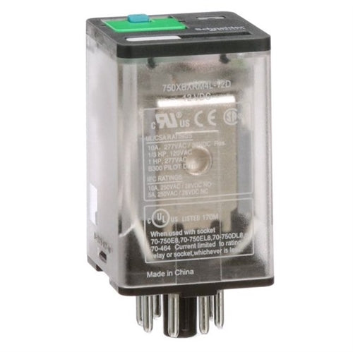 Schneider 750XBXRM4L-12D Relay 12VDC DPDT 8 Pin Octal, 10A@277VAC/30VDC, cUL/CSA