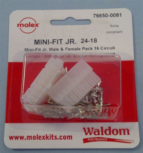Molex Mini-Fit Jr. 16 Pole/Circuit Locking Connector Kit, Pins 18-24AWG 76650-0081