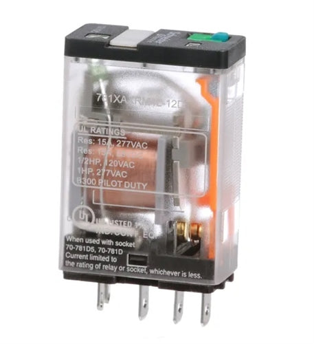 Schneider 781XAXRM4L-12D Relay 12VDC SPDT 5 Pin Slimline, CSA: 15A@150VAC/28VDC 10A@277VAC, with Test Button & LED