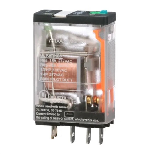 Schneider 781XAXRM4L-24D Relay 24VDC SPDT 5 Pin Slimline, CSA: 15A@150VAC/28VDC 10A@277VAC, with Test Button & LED