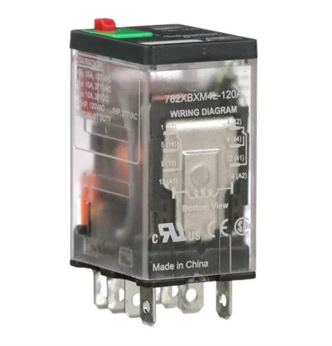 Schneider 782XBXM4L-120A Relay 120VAC DPDT "Icecube" 8 Pin, CSA: 15A@150VAC/28VDC 10A@277VAC, with Test Button & LED