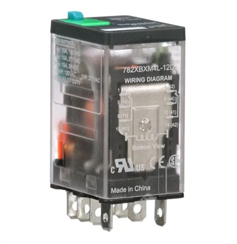 Schneider 782XBXM4L-12D Relay 12VDC DPDT "Icecube" 8 Pin, CSA: 15A@150VAC/28VDC 10A@277VAC, with Test Button & LED