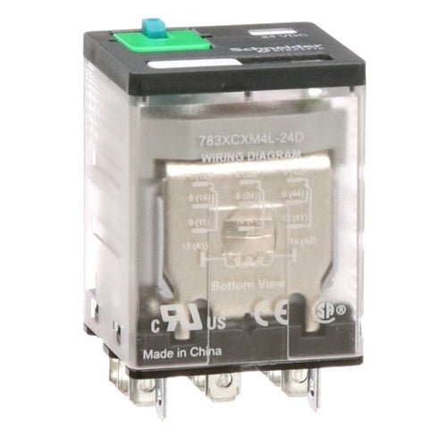 Schneider 783XCXM4L-24D Relay 24VDC 3PDT "Icecube" 11 Pin, CSA: 15A@150VAC/28VDC 10A@277VAC, with Test Button & LED