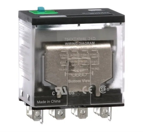 Schneider 784XDXM4L-24D Relay 24VDC 4PDT "Icecube" 14 Pin, CSA: 15A@150VAC/28VDC 10A@277VAC, with Test Button & LED