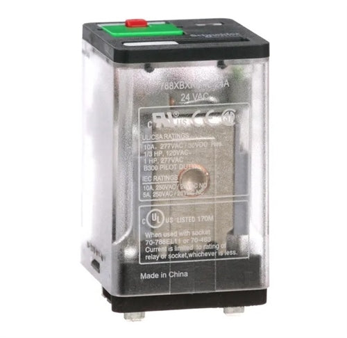 Schneider 788XBXRM4L-24A Relay 24VAC DPDT 8 Pin, 10A@277VAC/30VDC, with Test Button & LED, cUL/CSA