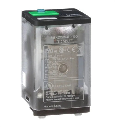 Schneider 788XCXRM4L-110D Relay 110VDC 3PDT 11 Pin, 10A@277VAC/30VDC, with Test Button & LED, cUL/CSA