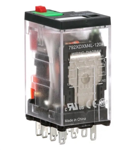 Schneider 792XDXM4L-120A Relay 120VAC 4PDT "Icecube" 14 Pin, 6A@277VAC, 8A@120VAC/30VDC, with Test Button & LED, cUL/CSA