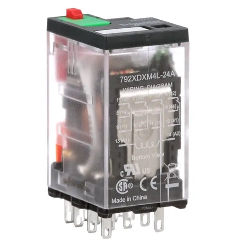 Schneider 792XDXM4L-24A Relay 24VAC 4PDT "Icecube" 14 Pin, 6A@277VAC, 8A@120VAC/30VDC, with Test Button & LED, cUL/CSA