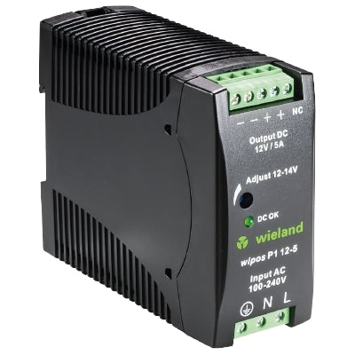 Wieland 81.000.6132.0 Wipos P1 12-5 12VDC 5AMP DIN Mount Switching Power Supply, Input: 100-240VAC; 90-375VDC