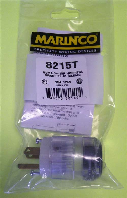 Marinco 8215T Hospital Grade Plug 15A 125V 2P 3W (5-15P), Transparent Housing