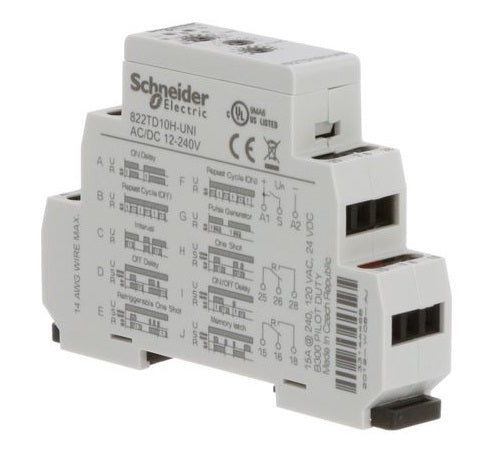 Schneider 822TD10H-UNI Timer 12-240VAC/DC DPDT 15A/240V DIN Mount