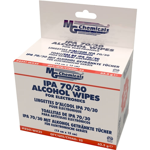 MG Chemicals 8241-WX25 70/30 Isopropyl Alcohol Wipes (25 Wipes: 5" x 6" Each)