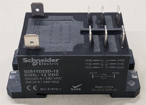 Schneider 92S11D22D-12 Power Relay 12VDC DPDT 30A-NO/3A-NC, Flange Mount Style