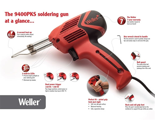 Weller 9400PKS Universal Soldergun Gun Kit 140/100W 120V, LED Light **Intermittent Duty Cycle 1 Min On / 4 Min Off**