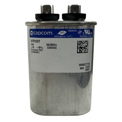Capcom Genteq 97F5337 Motor Run Capacitor 4uF 440VAC Oval ** Rated for Continuous/100% Duty Cycle **