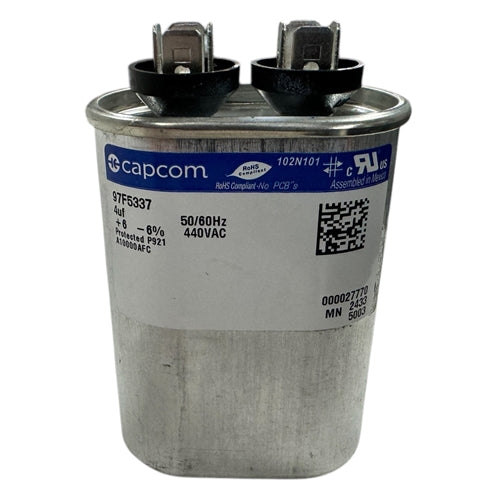 Capcom Genteq 97F5337 Motor Run Capacitor 4uF 440VAC Oval ** Rated for Continuous/100% Duty Cycle **