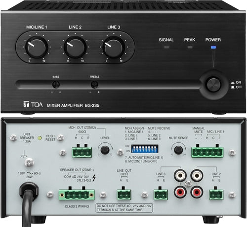 TOA BG-235 Cu 35W Three Inputs Mixer / Amplifier, One Mic, Two Line Inputs Moh Output, 4 Ohm, 25V, 70V