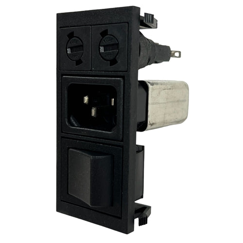 Bulgin BZV03/A0620/05 Filtered AC IEC Power Inlet, DPST 6A@250VAC, Two 5mm x 20mm Fuseholders, QC Terminals, CSA