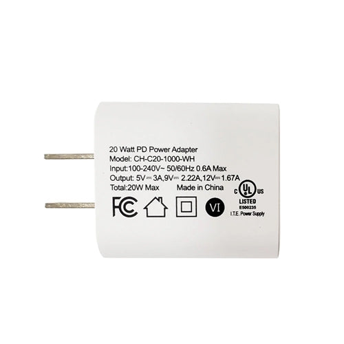 Phantom Cables CH-C20-1000-WH USB Wall Charger, USB Type-C Female to 1-15P Plug, 5V/3A, 9V/2.22A, 12V/1.67A Output