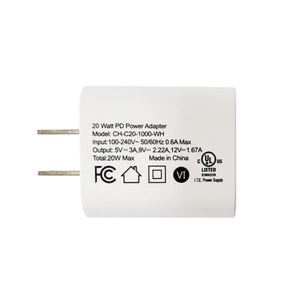 Phantom Cables CH-C20-1000-WH USB Wall Charger, USB Type-C Female to 1-15P Plug, 5V/3A, 9V/2.22A, 12V/1.67A Output