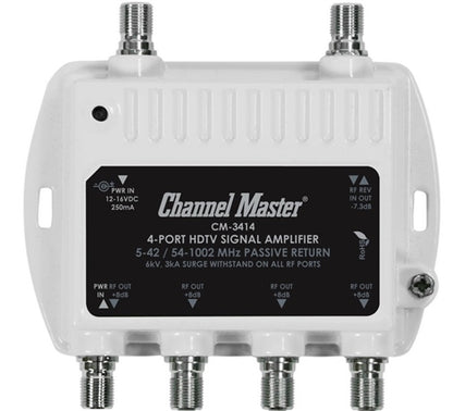 Channel Master CM3414 HDTV Video Distribution Amp 8dB 1000MHz Drop Amplifier High Gain/Low Noise, 4-Way/4 Port