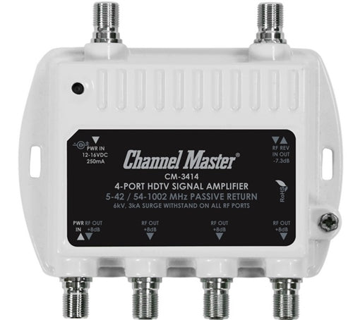 Channel Master CM3414 HDTV Video Distribution Amp 8dB 1000MHz Drop Amplifier High Gain/Low Noise, 4-Way/4 Port