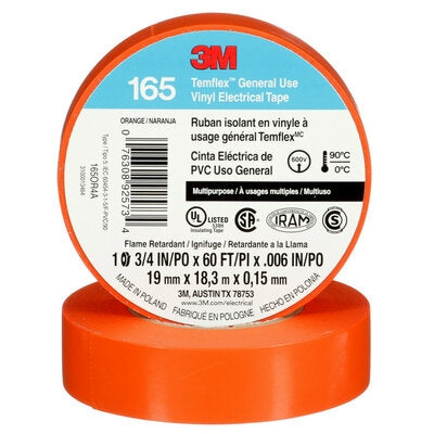 3M Temflex Orange Colour Coding General Use Vinyl Electrical Tape, 18.3 Meter Roll **CSA Rated**