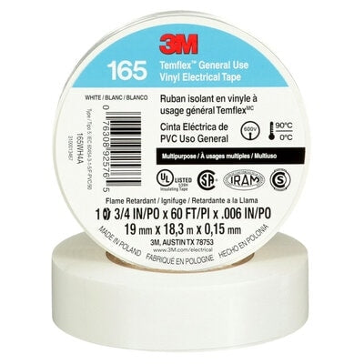 3M Temflex White Colour Coding General Use Vinyl Electrical Tape, 18.3 Meter Roll **CSA Rated**