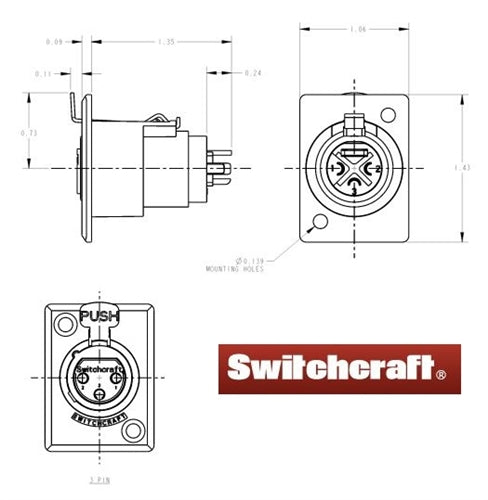 Switchcraft D3F 3 Pin Female XLR Panel Mount Receptacle, D Series, Silver Pins, Nickel Housing