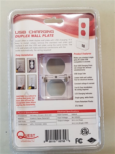 Quest EPD-3028 Wall Plate with Dual USB 2.1A Charging, White