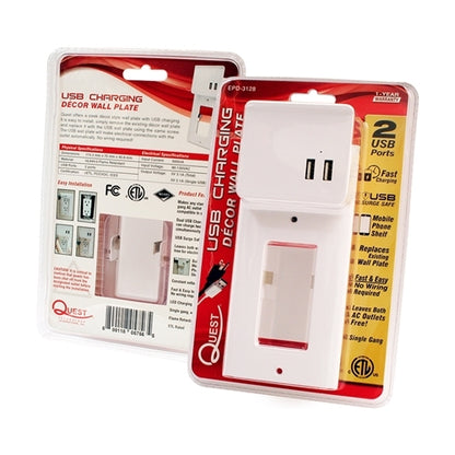 Quest EPD-3128 Decora Wall Plate with Dual USB 2.1A Charging, White