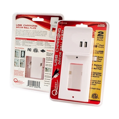 Quest EPD-3128 Decora Wall Plate with Dual USB 2.1A Charging, White