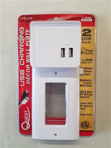 Quest EPD-3128 Decora Wall Plate with Dual USB 2.1A Charging, White